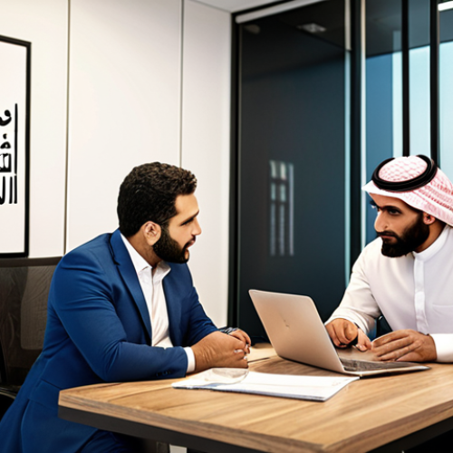 Home 19 **Image:** A modern office setting with consultants discussing digital transformation strategies with a client, incorporating Arabic script subtly in the background and modern technology elements, focusing on warm, inviting tones.