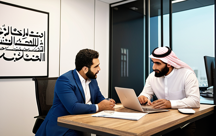 **Image:** A modern office setting with consultants discussing digital transformation strategies with a client, incorporating Arabic script subtly in the background and modern technology elements, focusing on warm, inviting tones.