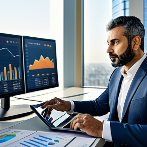 Home 8 A highly focused Arab male financial strategist, approximately 35-45 years old, in a modest business suit, sitting confidently at a modern, polished desk in a sunlit, high-tech office. He is analyzing financial charts and data on multiple large digital screens, with a tablet in his well-formed hands, ensuring proper finger count. The background features a clean, minimalist office environment with subtle architectural details and a view of a modern cityscape. The scene conveys a sense of deep insight and strategic foresight. Fully clothed, appropriate attire, professional dress, correct proportions, perfect anatomy, natural pose, natural body proportions, safe for work, appropriate content, family-friendly, professional photography, high quality.