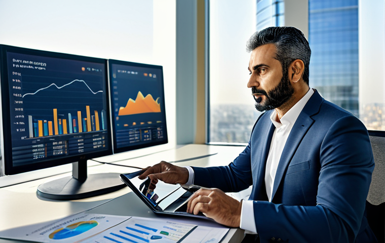 A highly focused Arab male financial strategist, approximately 35-45 years old, in a modest business suit, sitting confidently at a modern, polished desk in a sunlit, high-tech office. He is analyzing financial charts and data on multiple large digital screens, with a tablet in his well-formed hands, ensuring proper finger count. The background features a clean, minimalist office environment with subtle architectural details and a view of a modern cityscape. The scene conveys a sense of deep insight and strategic foresight. Fully clothed, appropriate attire, professional dress, correct proportions, perfect anatomy, natural pose, natural body proportions, safe for work, appropriate content, family-friendly, professional photography, high quality.