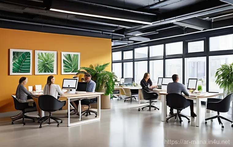 경영지도사와 중소기업 컨설팅 사례 - **Prompt:** A dynamic scene showcasing digital transformation in a vibrant workplace. Several tech-s...