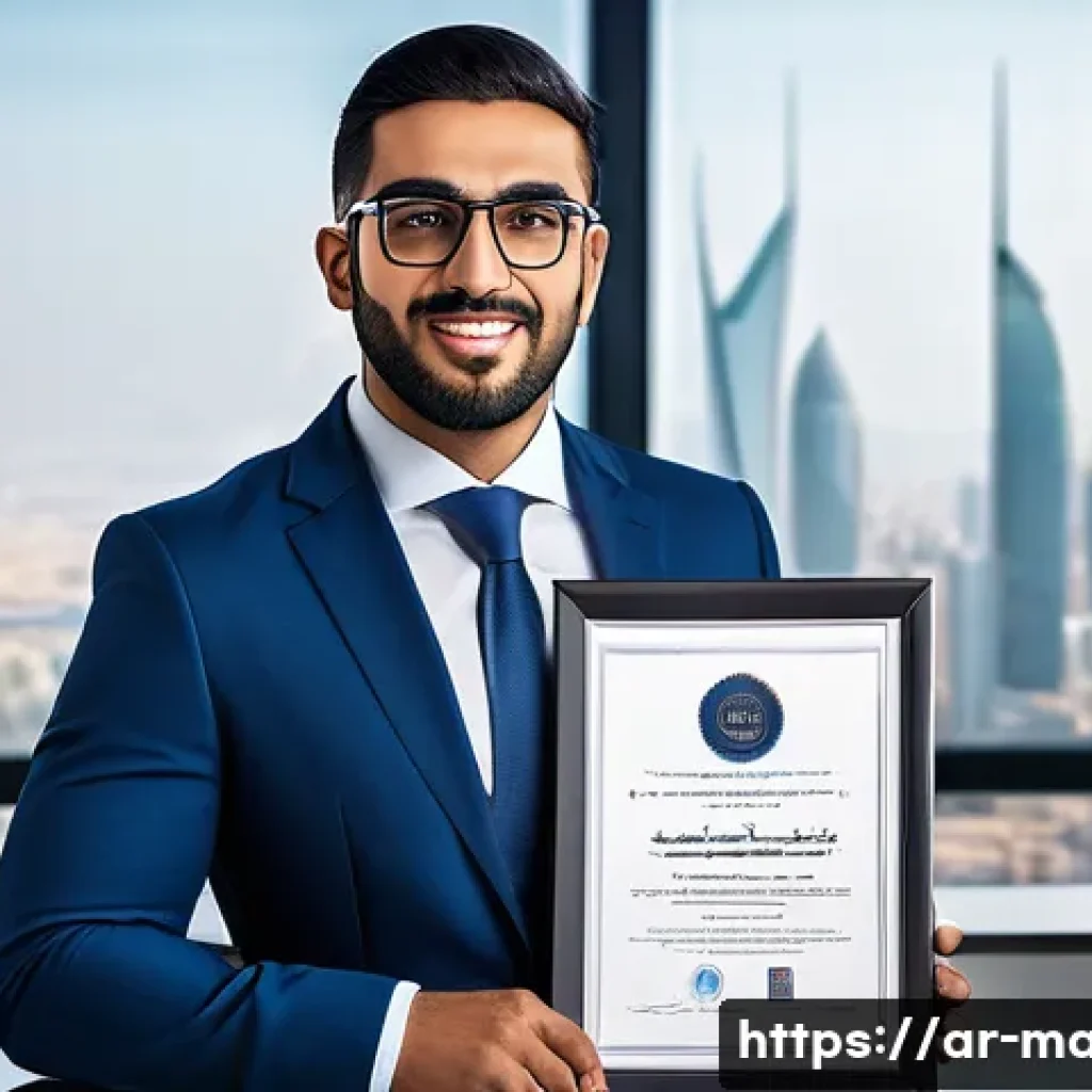경영지도사 자격증으로 이직 성공 사례 - A professional Arab businessman in his early 30s, wearing a modern tailored suit and glasses, confid...