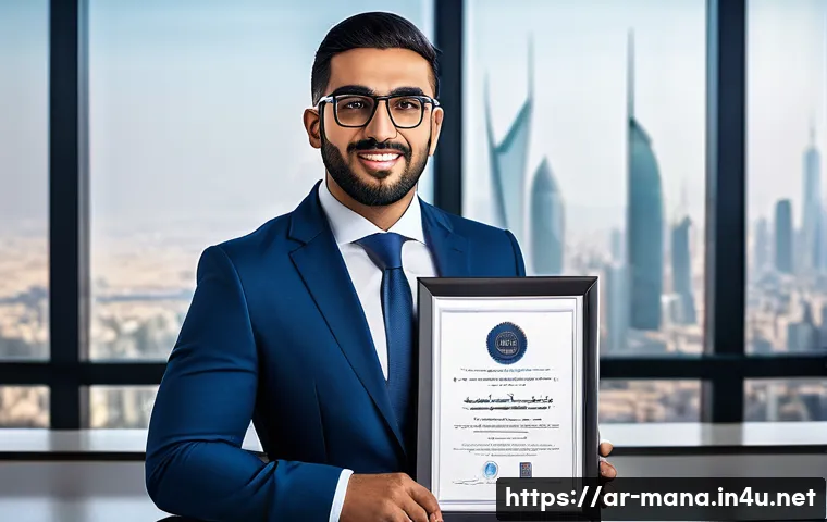 경영지도사 자격증으로 이직 성공 사례 - A professional Arab businessman in his early 30s, wearing a modern tailored suit and glasses, confid...