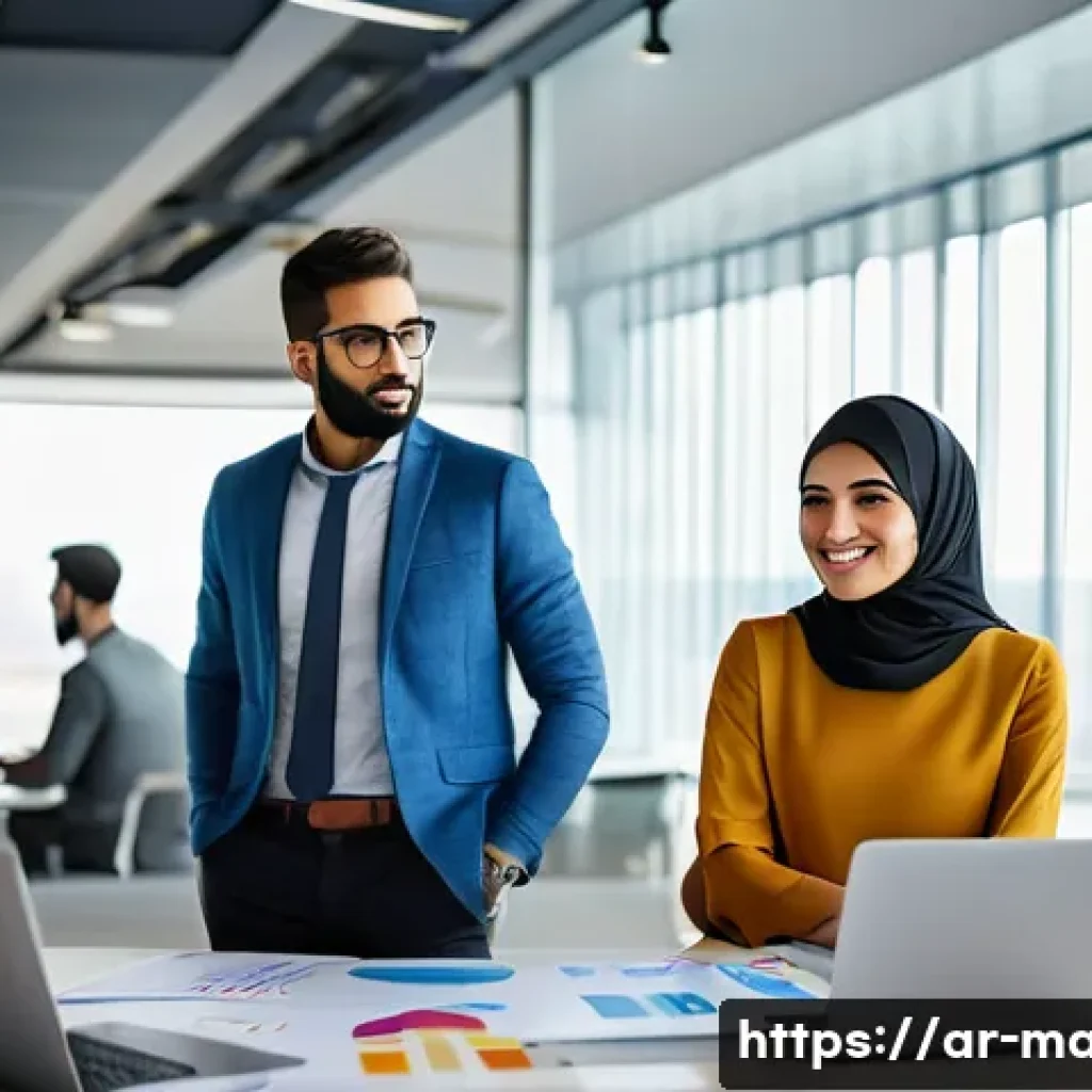 경영지도사와 시장 세분화 사례 - A professional Middle Eastern marketing team in a modern office setting, diverse group including men...