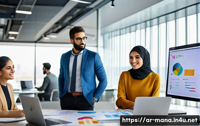 경영지도사와 시장 세분화 사례 - A professional Middle Eastern marketing team in a modern office setting, diverse group including men...