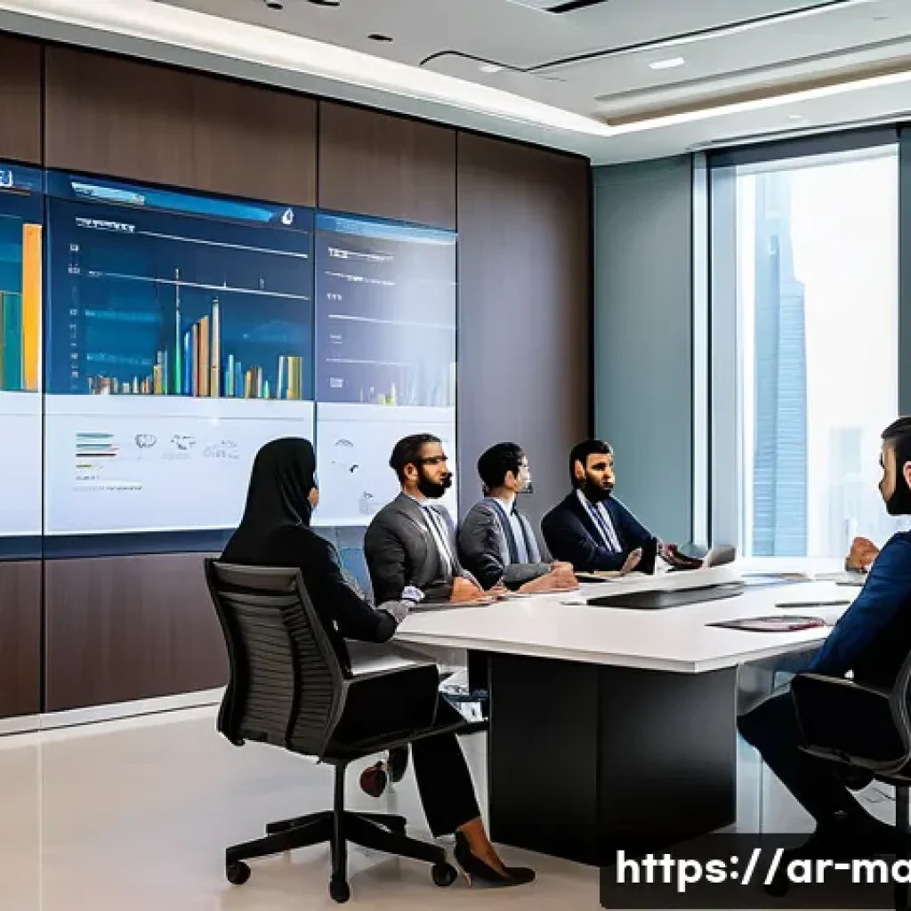 경영지도사와 시장조사 실무 사례 - A modern Middle Eastern corporate office scene showing a diverse team of Arabic-speaking business pr...