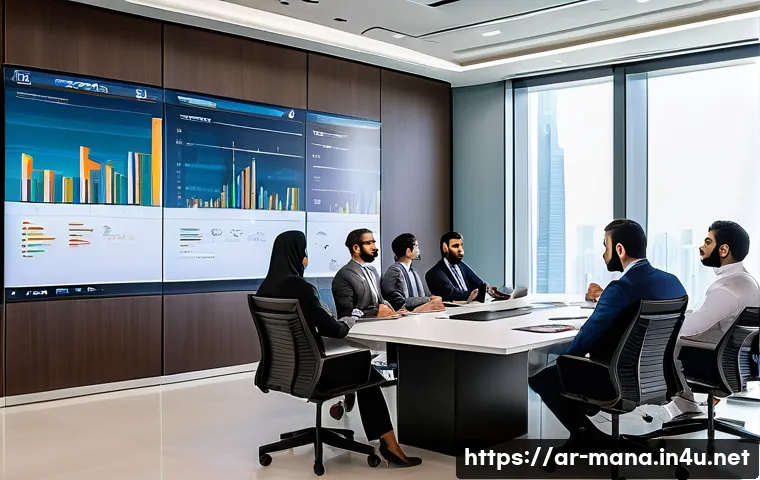 경영지도사와 시장조사 실무 사례 - A modern Middle Eastern corporate office scene showing a diverse team of Arabic-speaking business pr...
