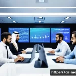 경영지도사와 경영 성과 평가 - A modern Arabic office environment featuring a diverse team of professionals analyzing digital perfo...