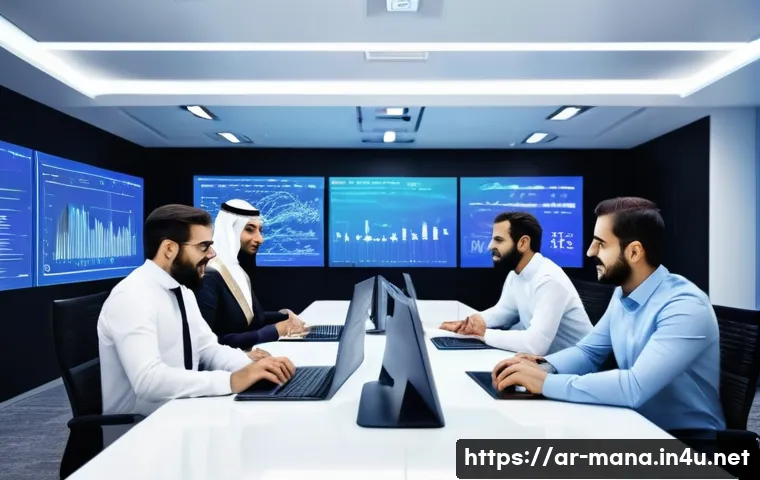 경영지도사와 경영 성과 평가 - A modern Arabic office environment featuring a diverse team of professionals analyzing digital perfo...