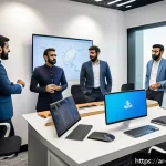 경영지도사 실무에서의 효율성 향상 방법 - A modern office setting in Riyadh with a diverse Arab team engaged in a short, dynamic meeting aroun...