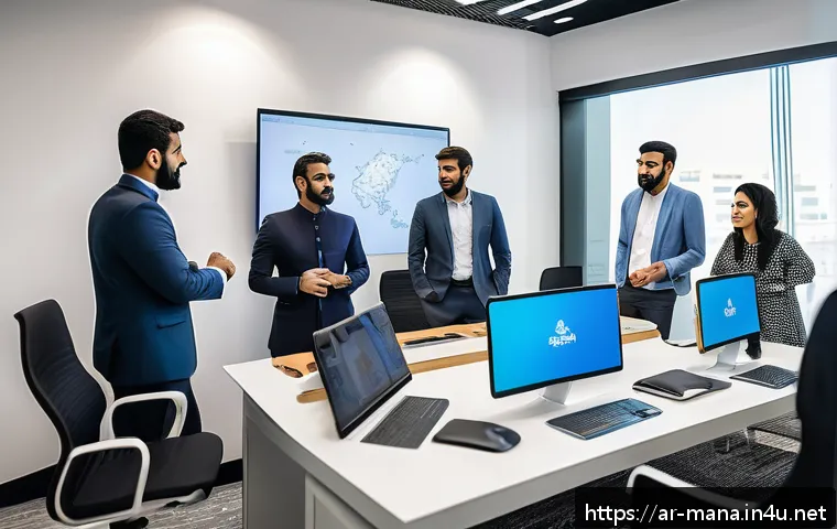 경영지도사 실무에서의 효율성 향상 방법 - A modern office setting in Riyadh with a diverse Arab team engaged in a short, dynamic meeting aroun...