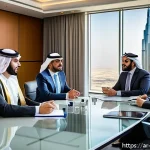 경영지도사와 전사적 경영진단 방법 - A modern Arab business office scene illustrating integrated performance evaluation: a diverse team o...