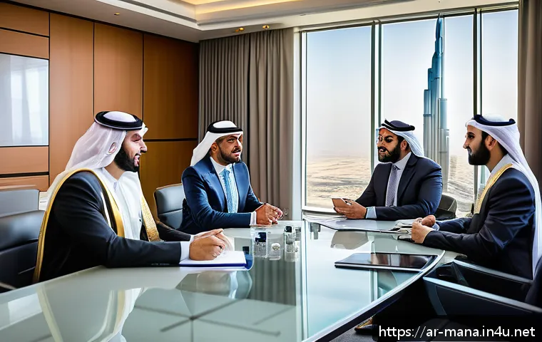 경영지도사와 전사적 경영진단 방법 - A modern Arab business office scene illustrating integrated performance evaluation: a diverse team o...