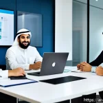 경영지도사와 디지털 마케팅 전략 - A vibrant digital marketing office scene set in a modern Middle Eastern city, featuring a diverse Ar...