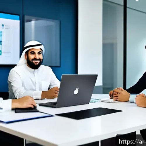 경영지도사와 디지털 마케팅 전략 - A vibrant digital marketing office scene set in a modern Middle Eastern city, featuring a diverse Ar...
