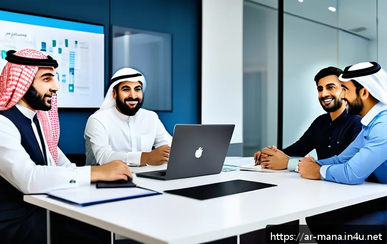 경영지도사와 디지털 마케팅 전략 - A vibrant digital marketing office scene set in a modern Middle Eastern city, featuring a diverse Ar...