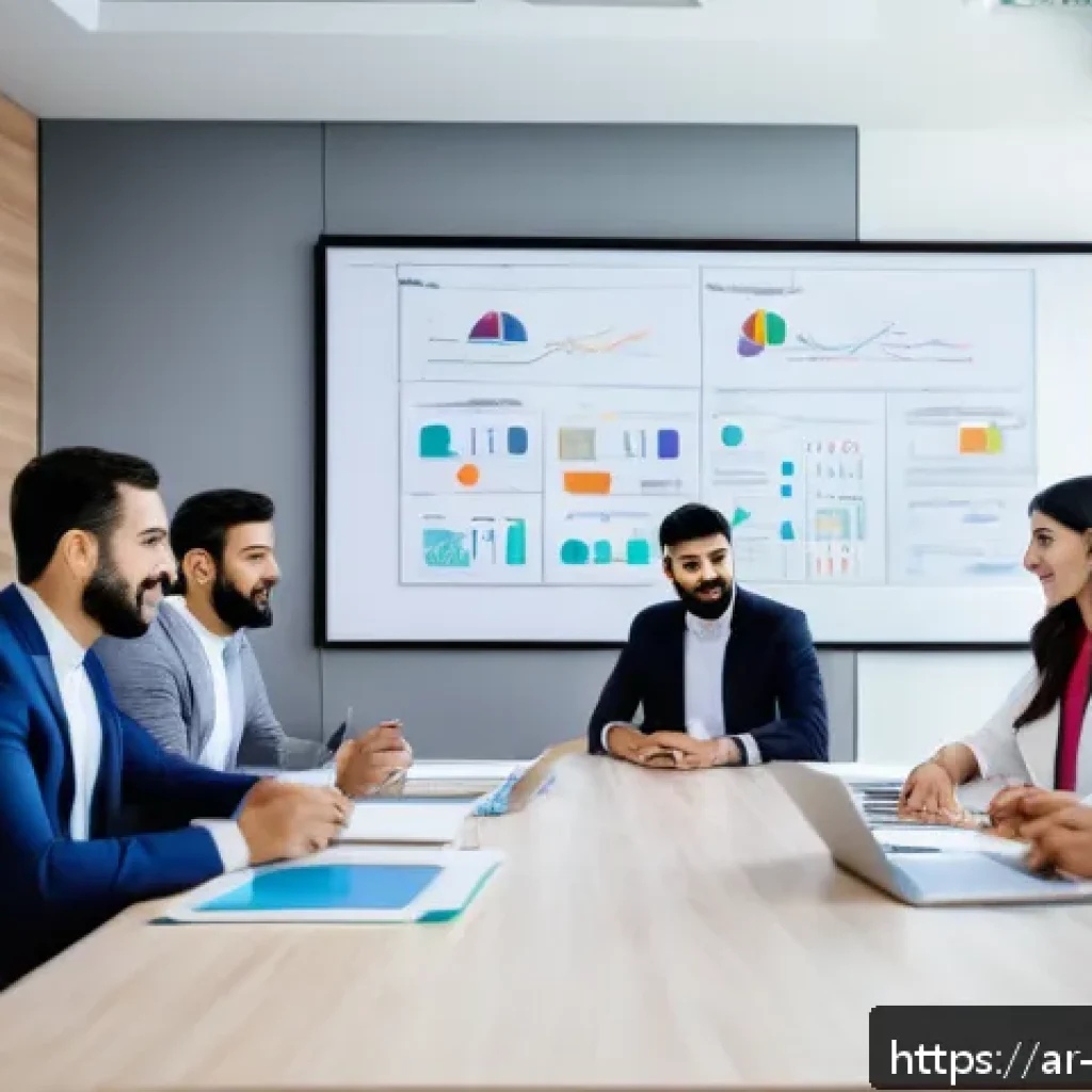 경영지도사와 경영 혁신 성공 사례 - A modern Arab corporate office environment showcasing a diverse team of Middle Eastern professionals...