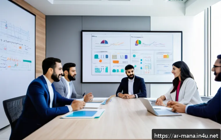 경영지도사와 경영 혁신 성공 사례 - A modern Arab corporate office environment showcasing a diverse team of Middle Eastern professionals...